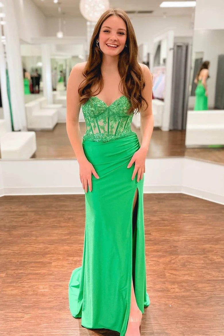 Lumidress Hot Pink Lace Applique Strapless Sheath Prom Dress with Slit