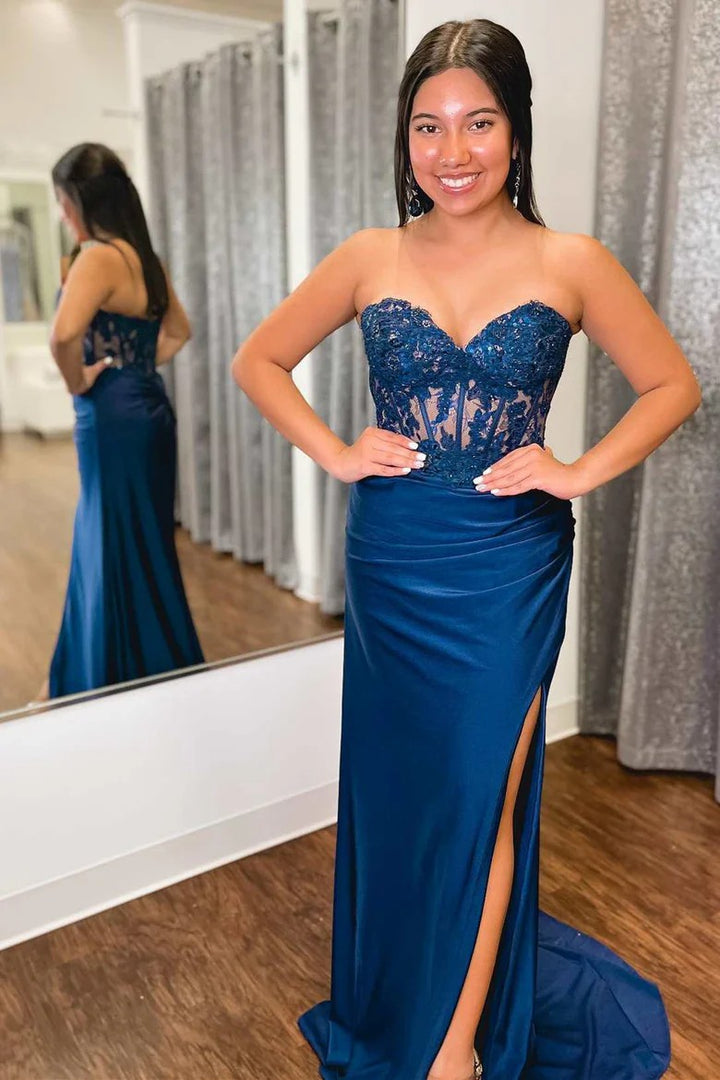 Lumidress Hot Pink Lace Applique Strapless Sheath Prom Dress with Slit