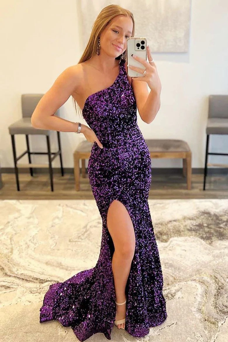 Lumidress Elegant One-Shoulder Sequin Mermaid Evening Gown with Slit
