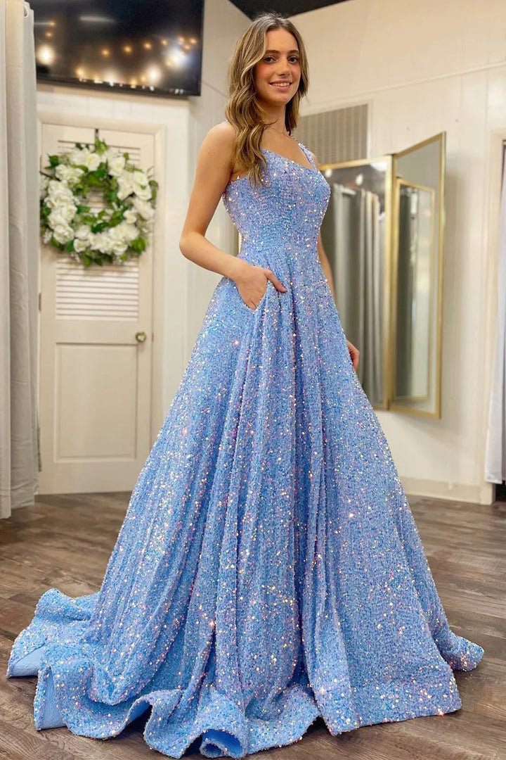 Lumidress Sparkling Sequin Square Neck Open Back Prom Dress with Sweep Train
