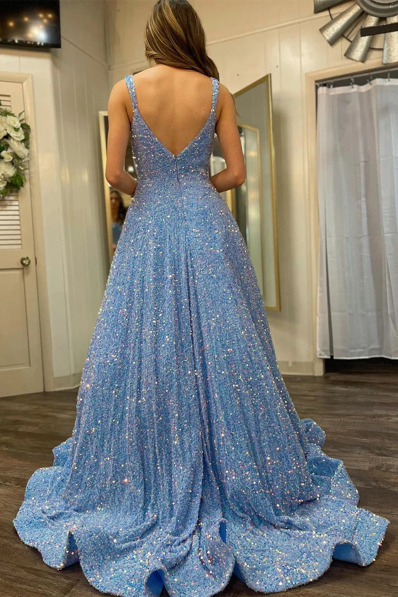 Lumidress Sparkling Sequin Square Neck Open Back Prom Dress with Sweep Train
