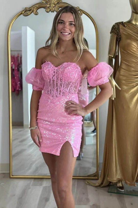 Lumidress Pink Strapless Appliqued Bodycon Homecoming Dress with Detached Sleeves