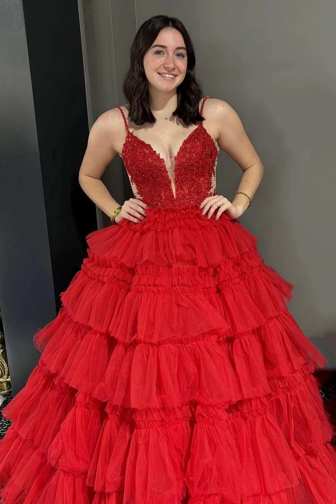 Lumidress Hot Pink Deep V-Neck Layered Tulle Ball Gown with Beaded Bodice