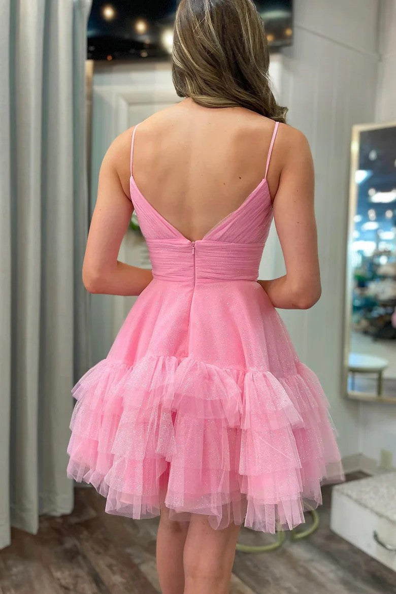 Lumidress Dreamy Glitter Tulle V-Neck Short Party Dress with Ruffled Tiers