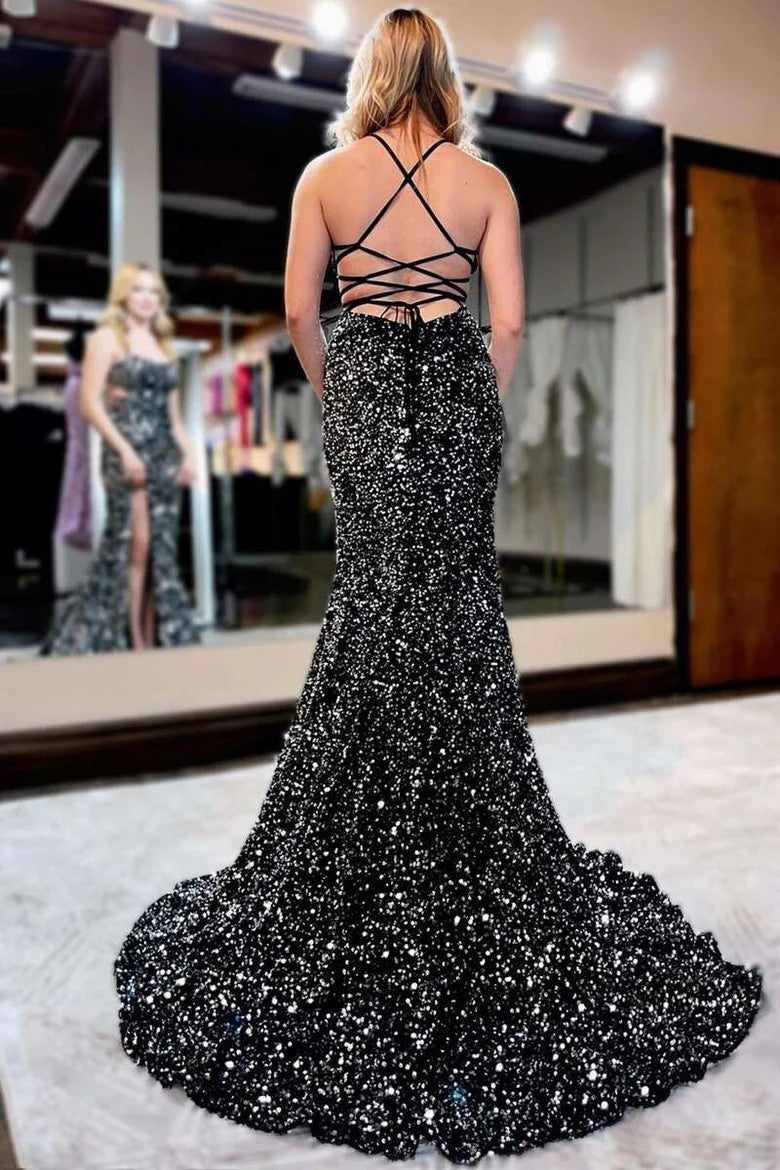Lumidress Long Sequin Mermaid Prom Dress with Lace-Up Back &amp; Side Slit