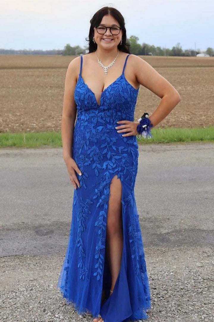 Lumidress Elegant V-Neck Floral Applique Mermaid Formal Dress with Slit