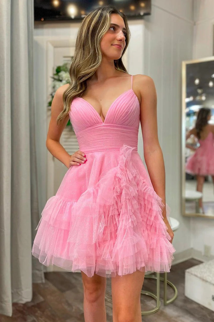 Lumidress Dreamy Glitter Tulle V-Neck Short Party Dress with Ruffled Tiers