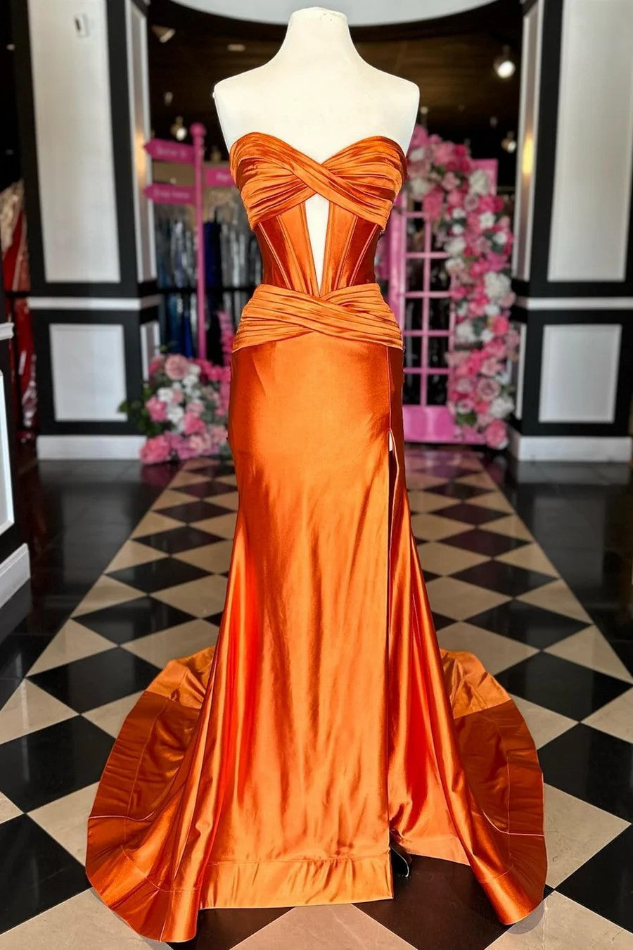 Lumidress Elegant Satin Strapless Mermaid Evening Dress with Side Slit