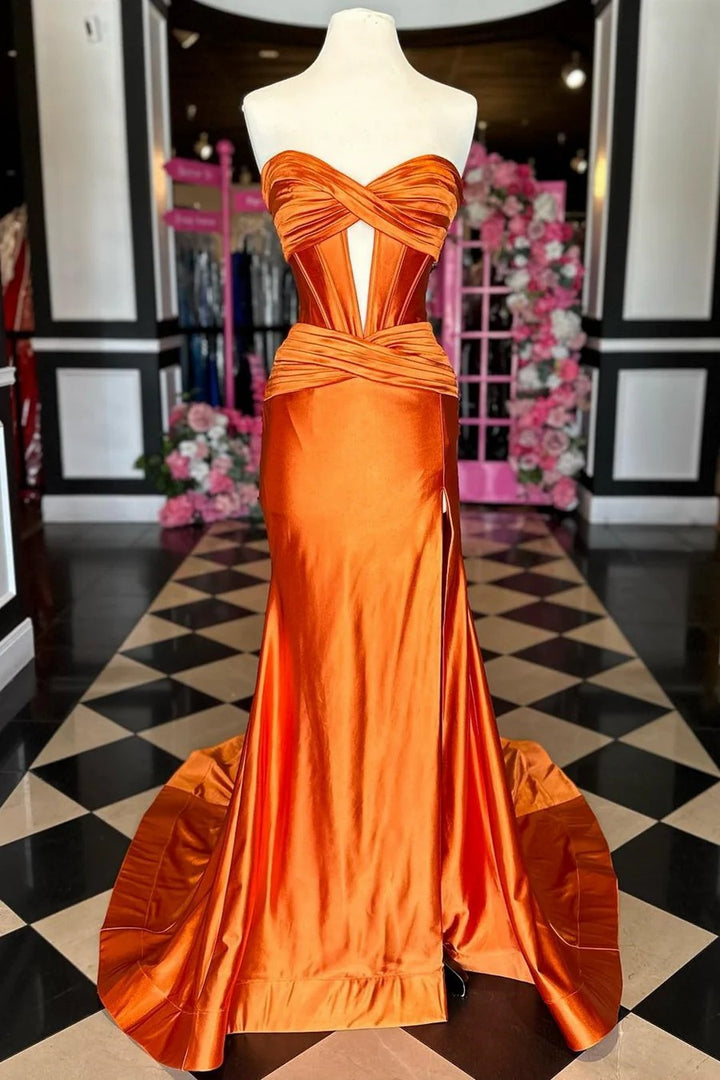 Lumidress Elegant Satin Strapless Mermaid Evening Dress with Side Slit