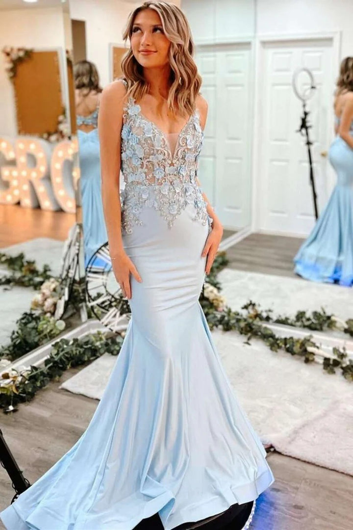 Lumidress Light Blue 3D Floral Lace V-Neck Backless Trumpet Dress with Floral Appliqués