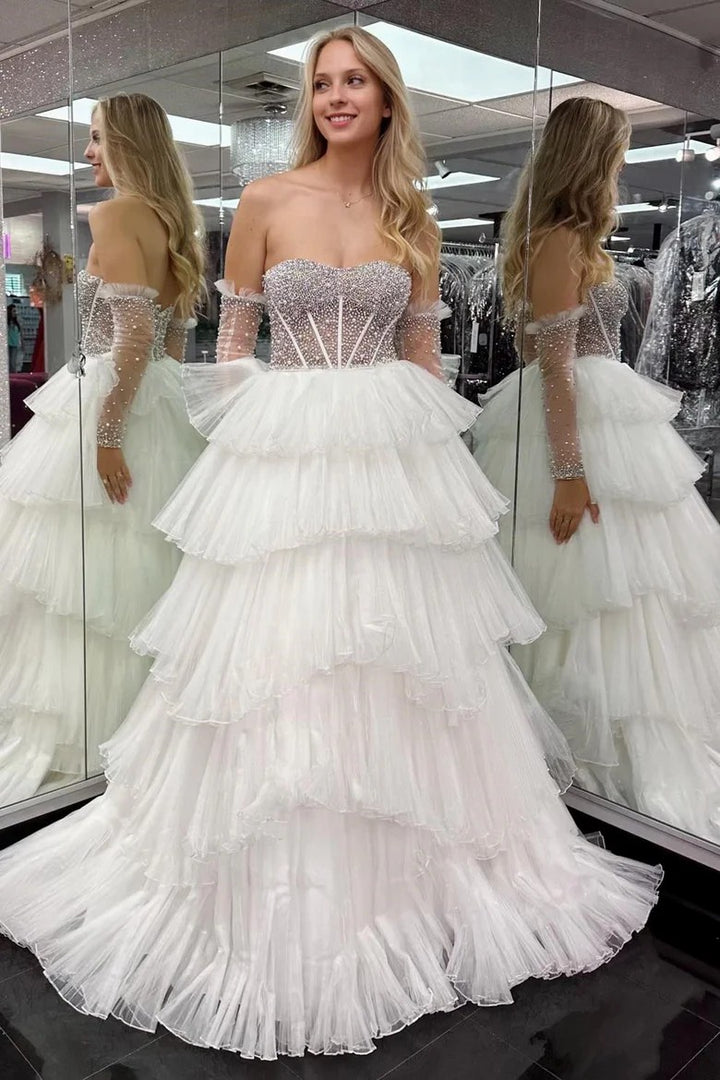 Lumidress White Tiered Tulle Off-Shoulder Ball Gown with Beaded Bodice