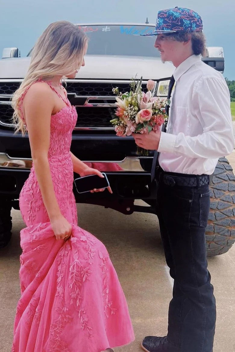 Lumidress Red Halter Mermaid Prom Dress with Floral Appliqué Straps
