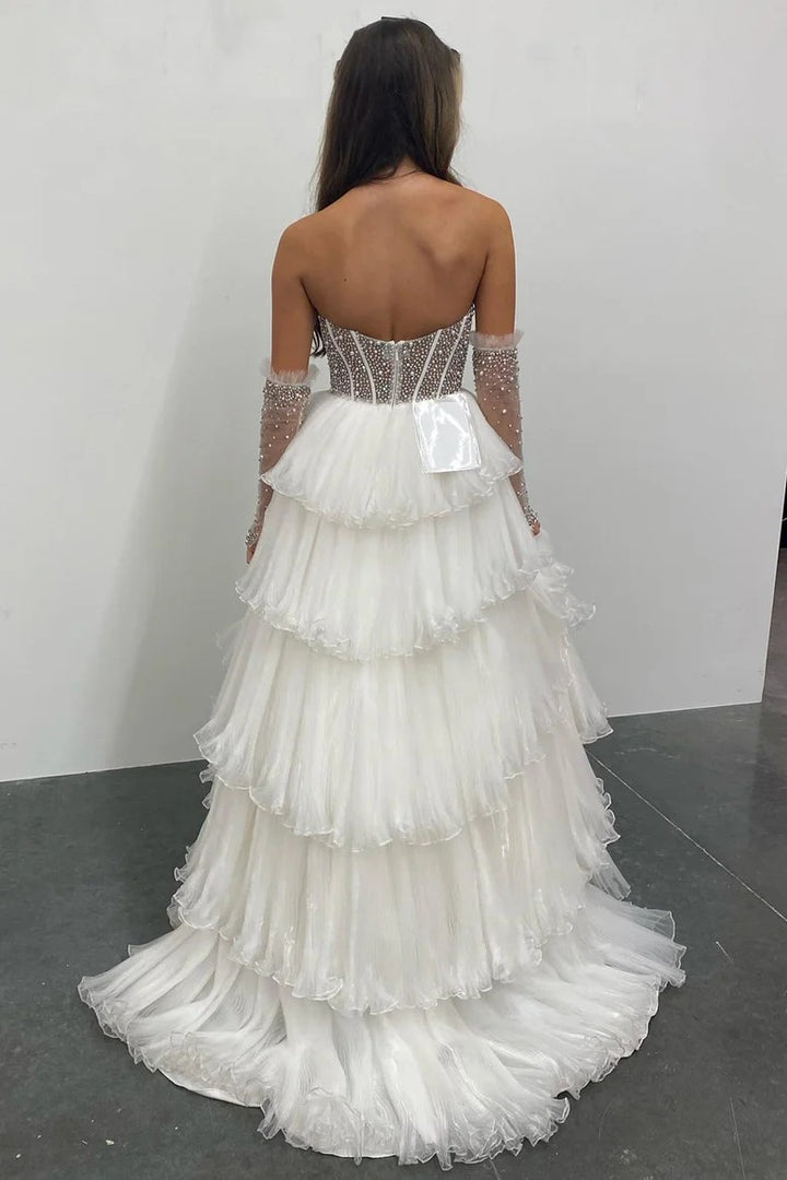 Lumidress White Tiered Tulle Off-Shoulder Ball Gown with Beaded Bodice