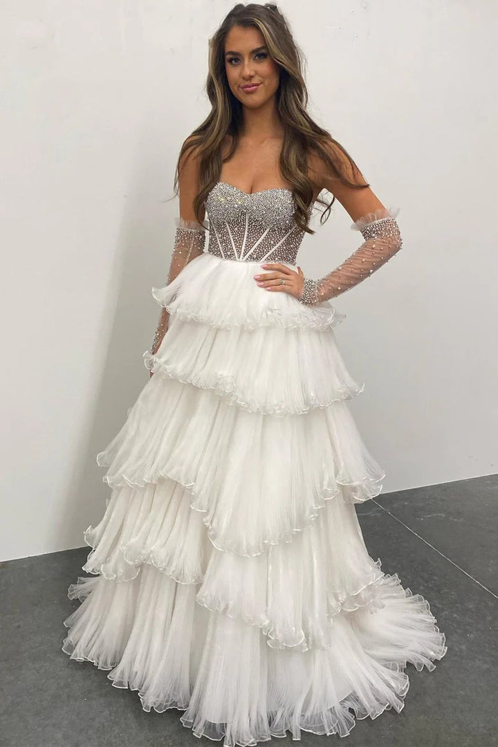 Lumidress White Tiered Tulle Off-Shoulder Ball Gown with Beaded Bodice