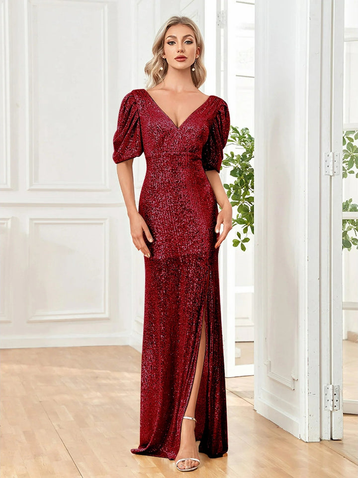Lumidress Women Sexy V-Neck Sequin Floor-Length Split Evening Dress
