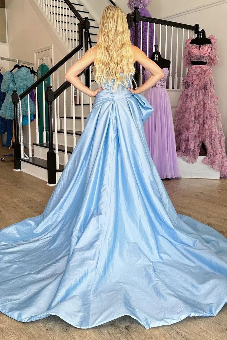 Lumidress Neon Pink Strapless Ball Gown Prom Dress with Bow and Slit