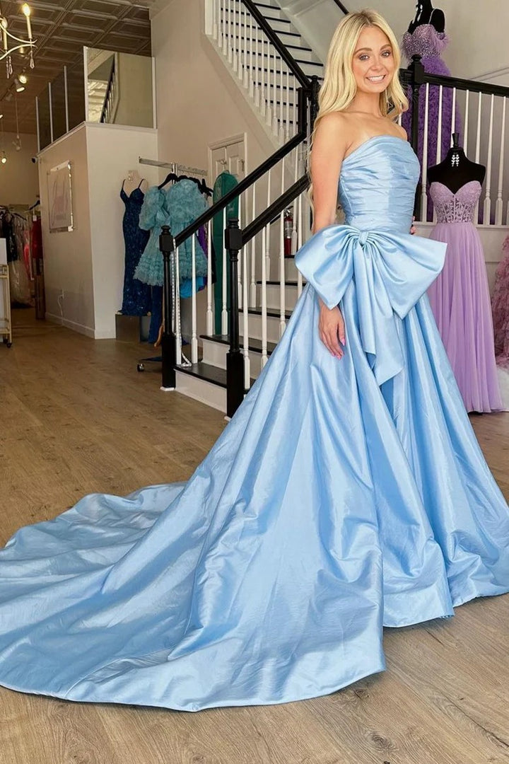 Lumidress Neon Pink Strapless Ball Gown Prom Dress with Bow and Slit