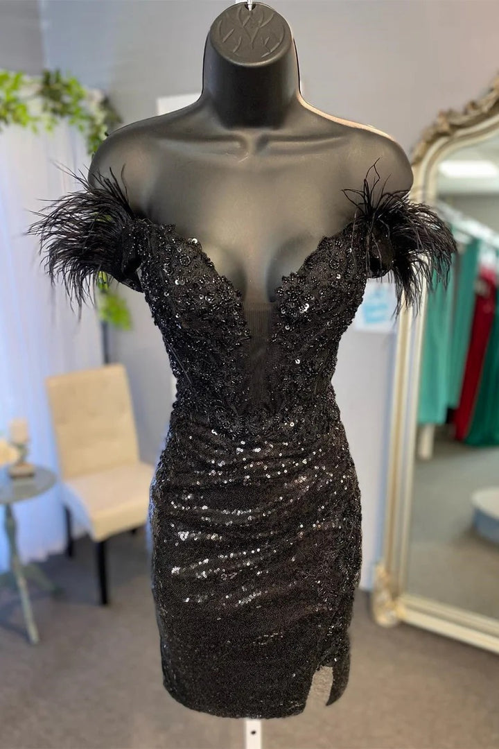 Lumidress Black Sequin Off-the-Shoulder Feather Mini Dress