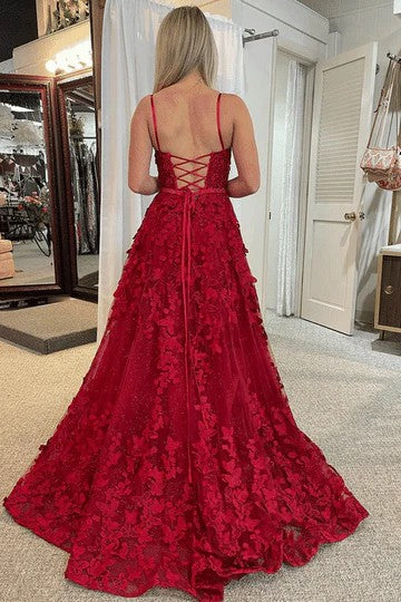 Lumidress Stunning Red Spaghetti Strap Floral Applique A-Line Prom Dress with Slit
