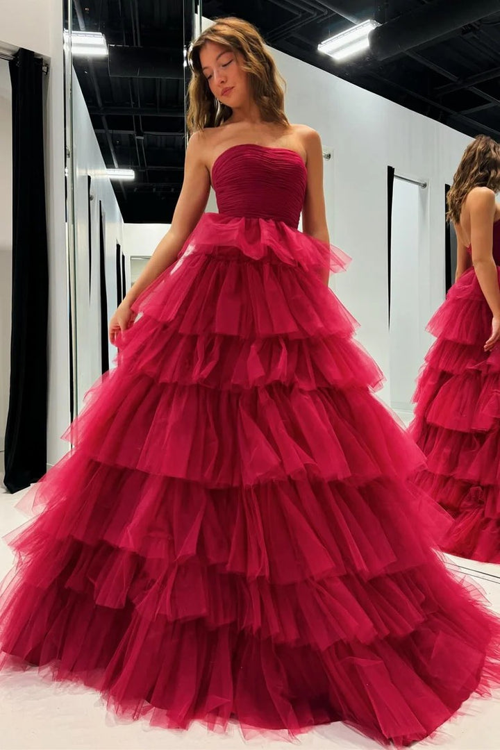 Lumidress Off-Shoulder Tiered Tulle A-Line Long Prom Dress with Ruffles