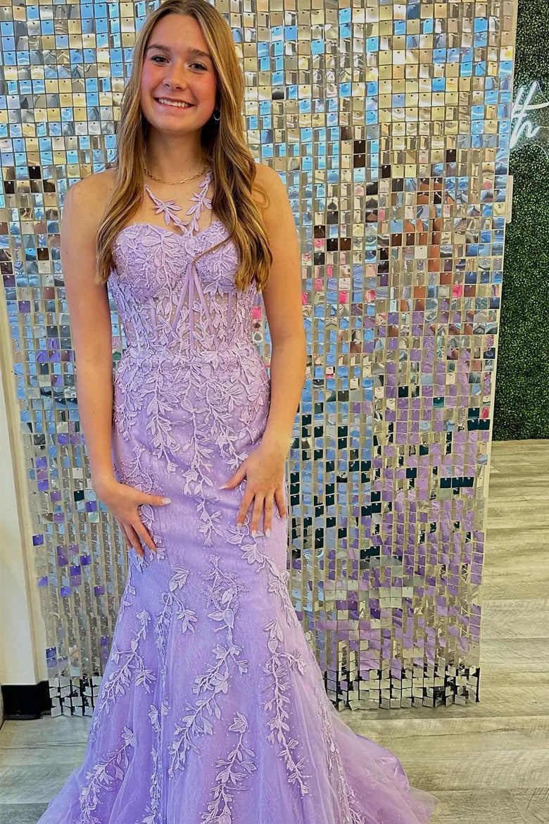 Lumidress Red Halter Mermaid Prom Dress with Floral Appliqué Straps