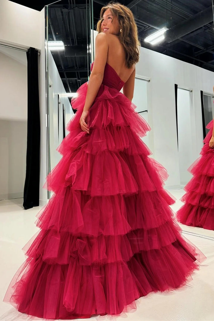 Lumidress Off-Shoulder Tiered Tulle A-Line Long Prom Dress with Ruffles