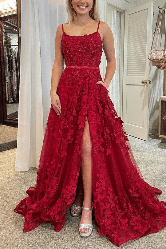 Lumidress Stunning Red Spaghetti Strap Floral Applique A-Line Prom Dress with Slit