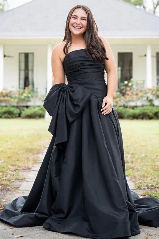 Lumidress Neon Pink Strapless Ball Gown Prom Dress with Bow and Slit