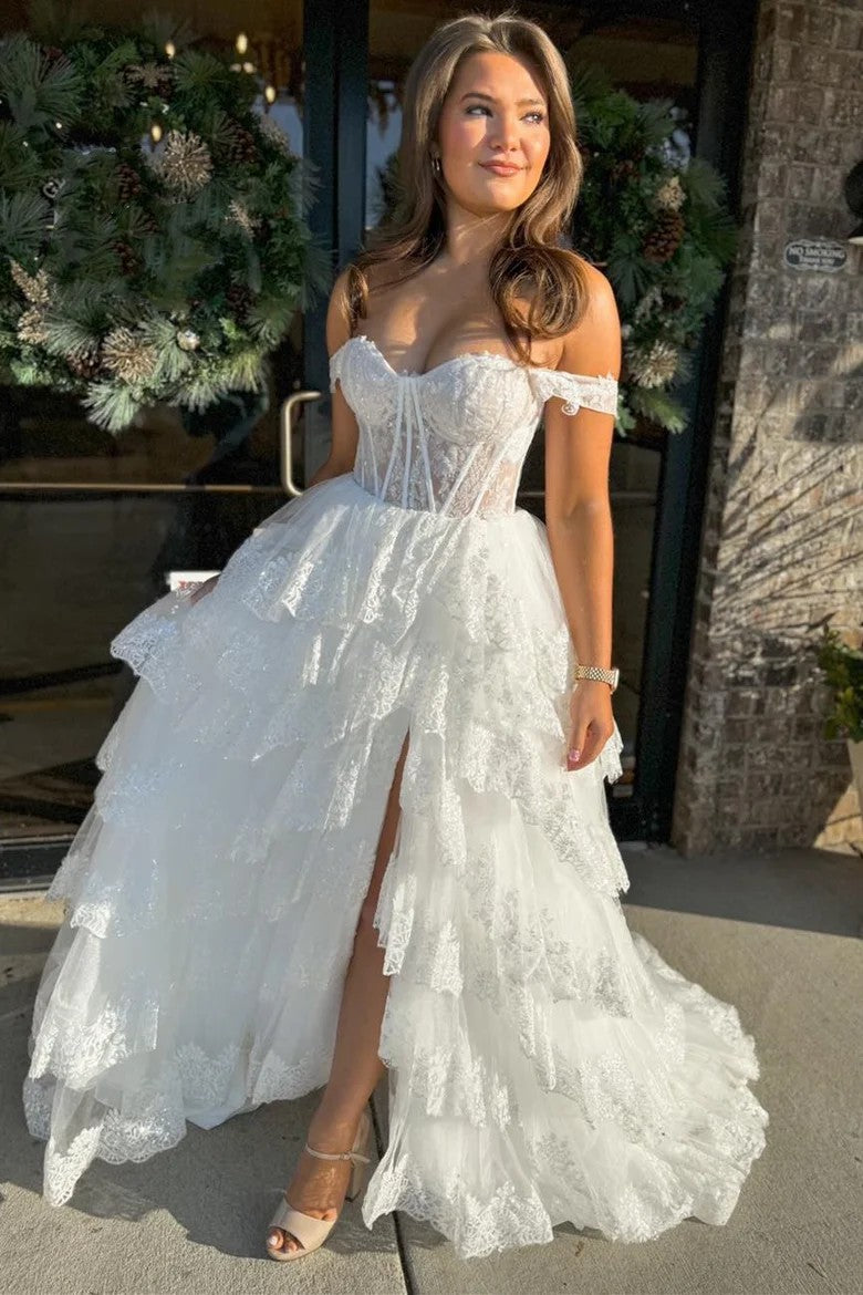 Lumidress Pink Layered Lace Off-Shoulder Princess Gown with High Slit