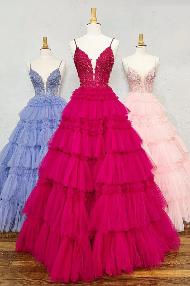 Lumidress Hot Pink Deep V-Neck Layered Tulle Ball Gown with Beaded Bodice