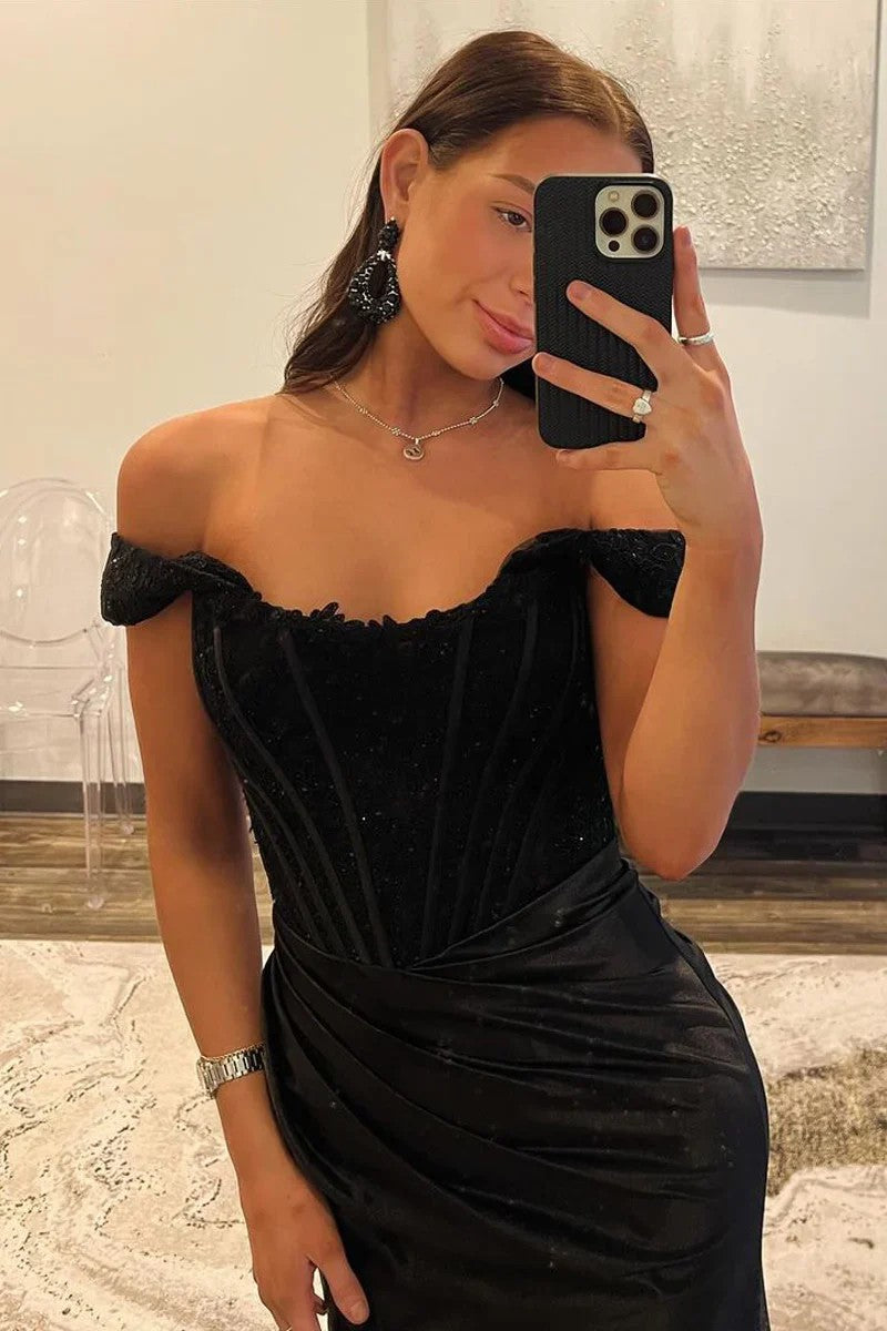 Lumidress Elegant Black Off-the-Shoulder Satin Mermaid Evening Gown with Slit
