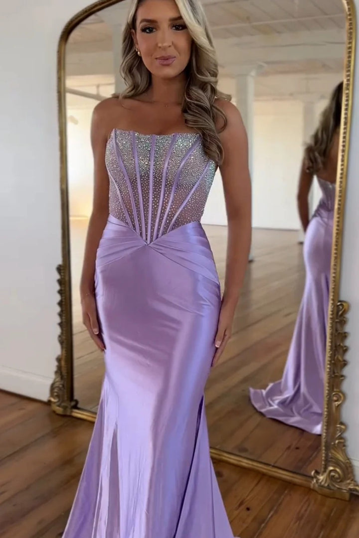 Lumidress Elegant Lavender Strapless Mermaid Satin Evening Gown with Beaded Corset Bodice