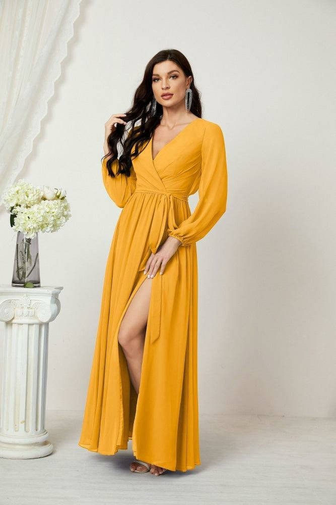 Lumidress Deep V-Neck Chiffon Evening Dress with Bishop Sleeves &amp; Side Slit