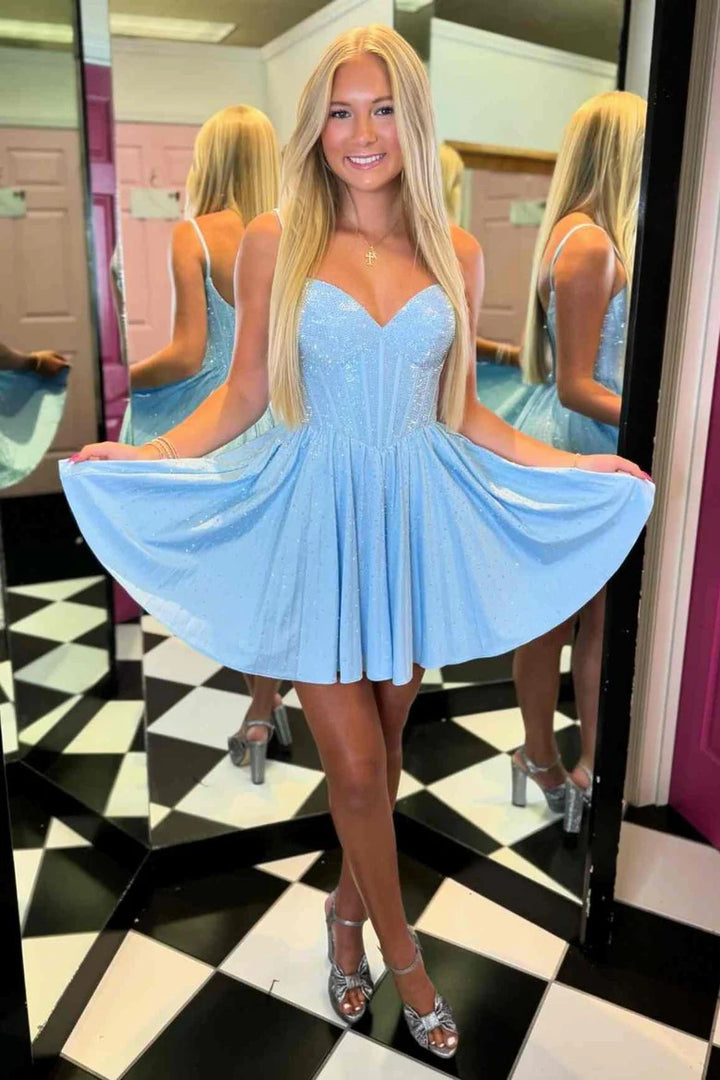 Lumidress Sparkling Light Blue Sweetheart A-Line Short Homecoming Dress