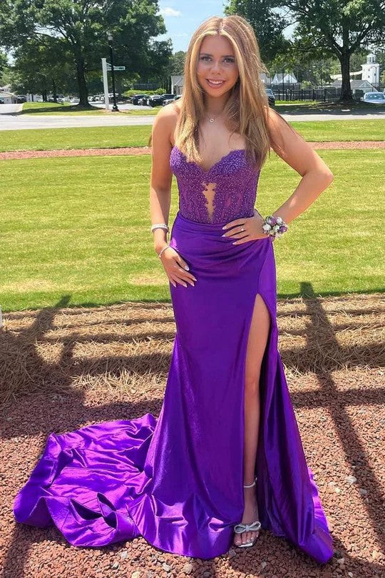 Lumidress Elegant Off-the-Shoulder Satin Mermaid Dress with Lace Appliqués &amp; Slit