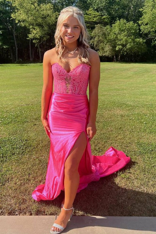 Lumidress Elegant Off-the-Shoulder Satin Mermaid Dress with Lace Appliqués &amp; Slit