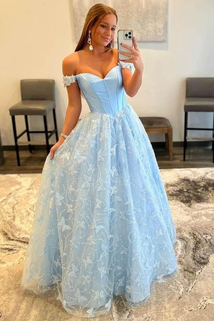 Lumidress Light Blue Off-Shoulder Ball Gown with Butterfly Embroidered Tulle Skirt