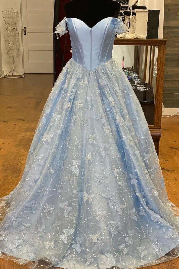 Lumidress Light Blue Off-Shoulder Ball Gown with Butterfly Embroidered Tulle Skirt