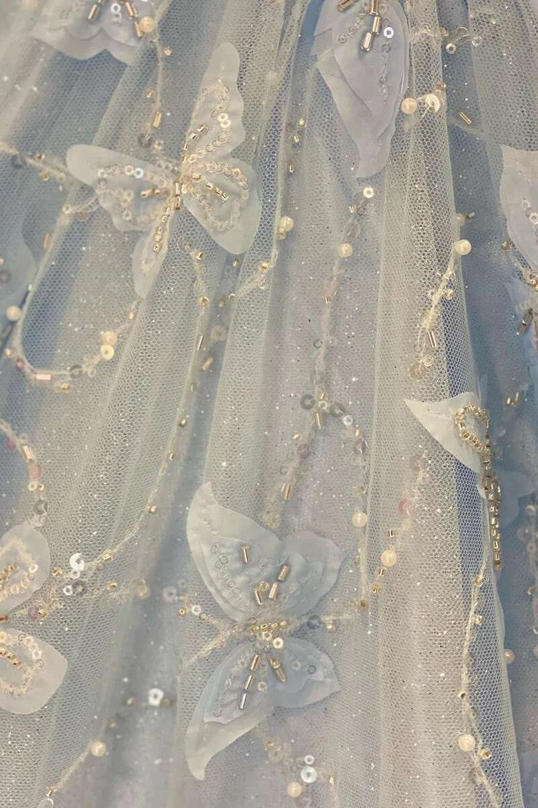 Lumidress Light Blue Off-Shoulder Ball Gown with Butterfly Embroidered Tulle Skirt