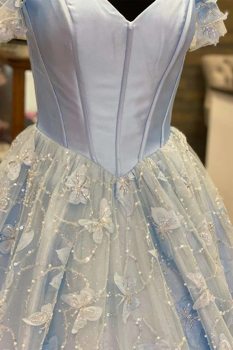 Lumidress Light Blue Off-Shoulder Ball Gown with Butterfly Embroidered Tulle Skirt