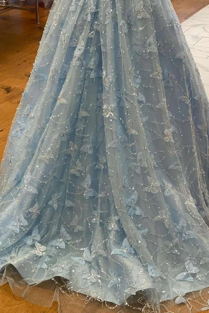 Lumidress Light Blue Off-Shoulder Ball Gown with Butterfly Embroidered Tulle Skirt