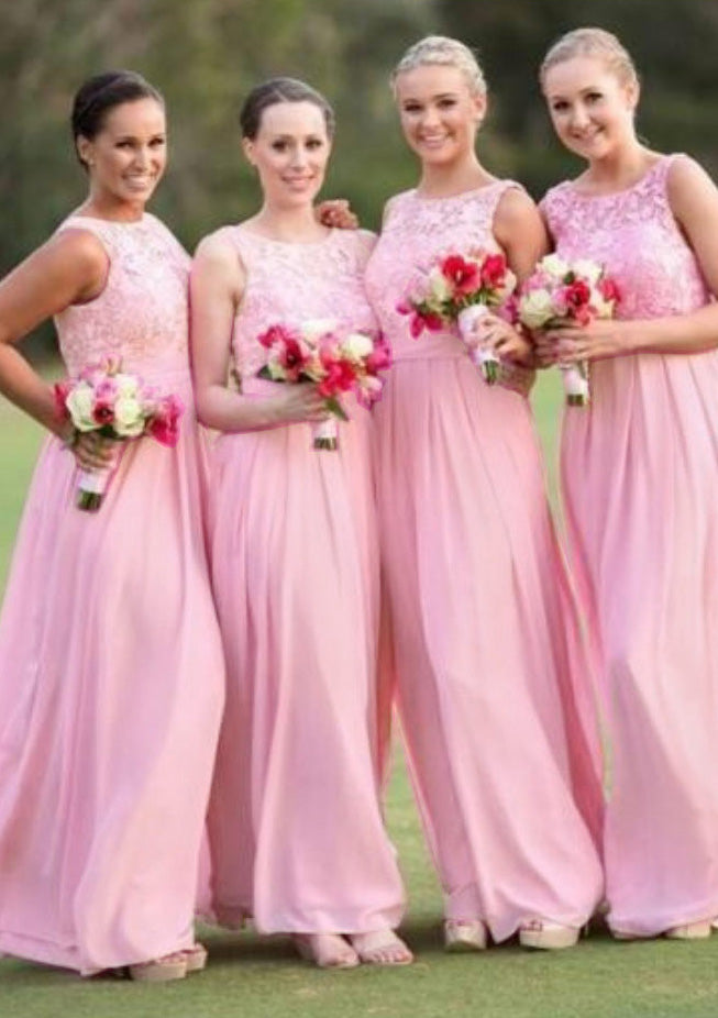 Lumidress Chiffon A-Line Boat Neck Floor-Length Bridesmaid Dress with Lace