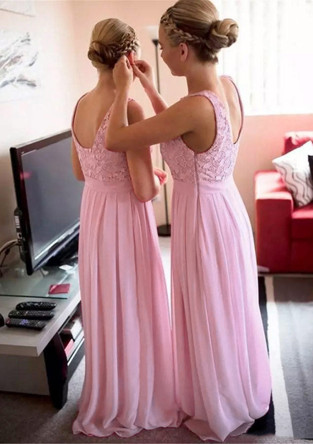Lumidress Chiffon A-Line Boat Neck Floor-Length Bridesmaid Dress with Lace