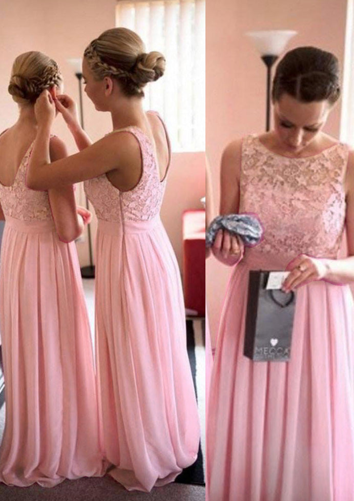 Lumidress Chiffon A-Line Boat Neck Floor-Length Bridesmaid Dress with Lace