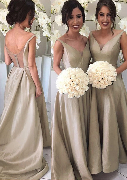 Lumidress Sleeveless V-Neck A-Line Sweep Train Bridesmaid Dress