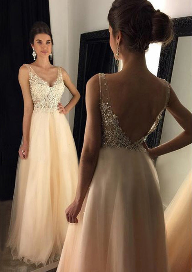 Lumidress Elegant A-Line V-Neck Floor-Length Tulle Prom Dress with Appliqués