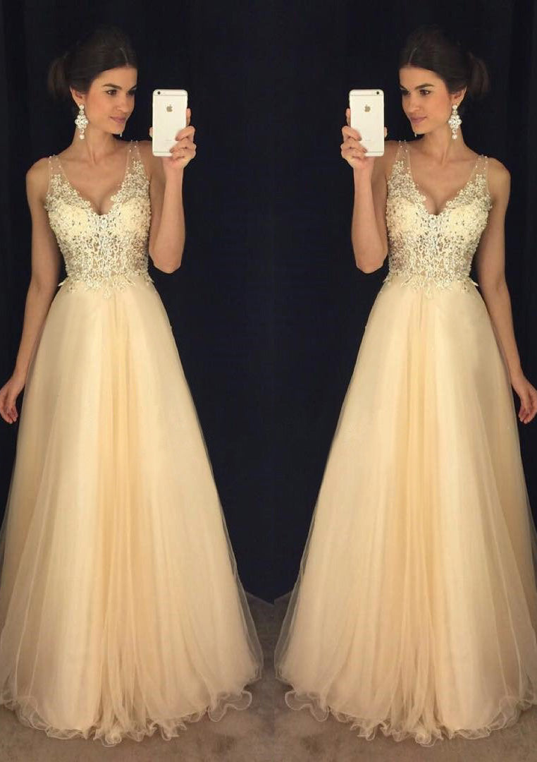 Lumidress Elegant A-Line V-Neck Floor-Length Tulle Prom Dress with Appliqués