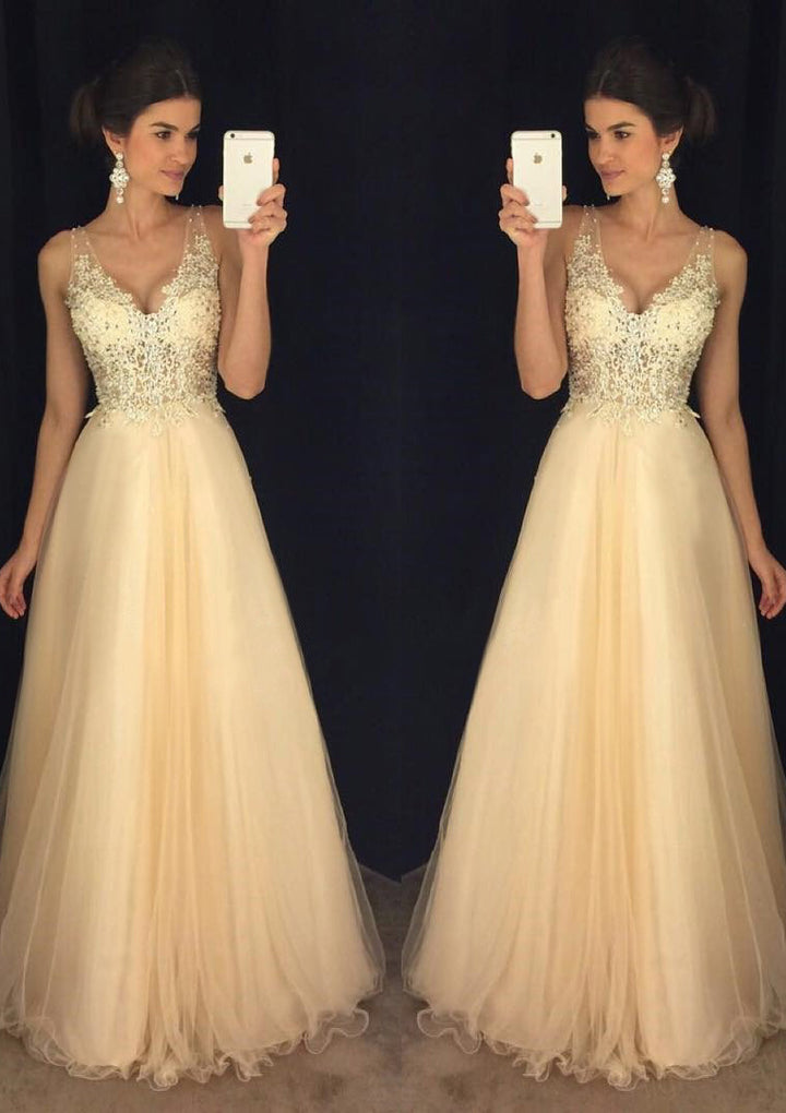 Lumidress Elegant A-Line V-Neck Floor-Length Tulle Prom Dress with Appliqués