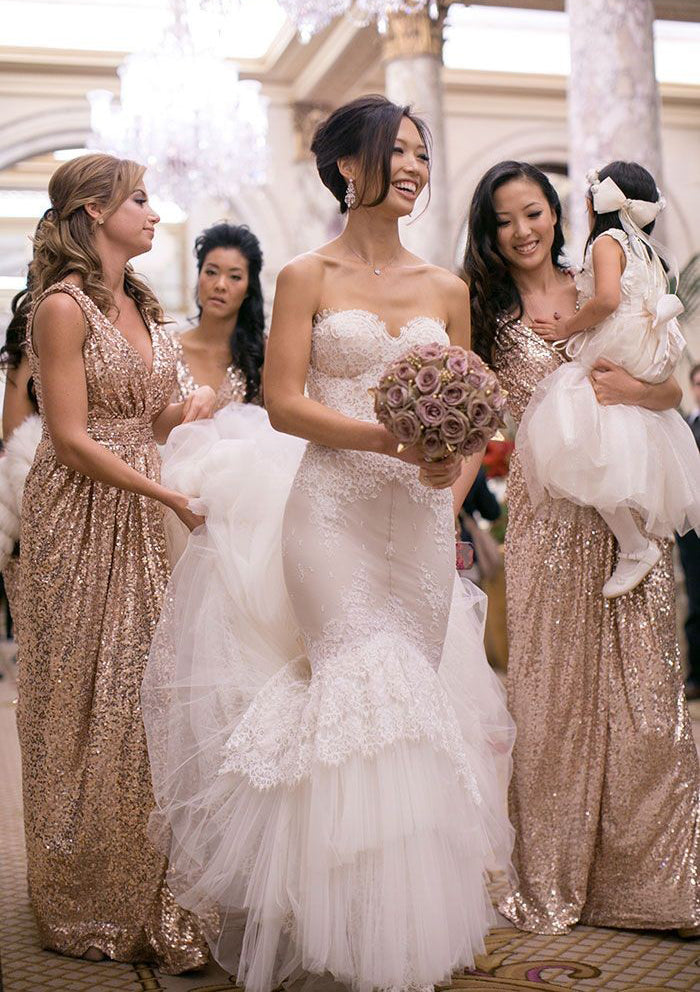 Lumidress Glitter Sequin V-Neck Bridesmaid Dresses with Pleated