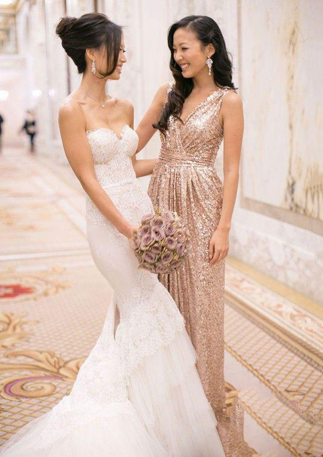 Lumidress Glitter Sequin V-Neck Bridesmaid Dresses with Pleated